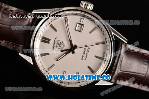 Tag Heuer Carrera Calibre 5 Automatic Swiss ETA 2824 Automatic Steel Case with White Dial Stick Markers and Brown Leather Strap - Click Image to Close